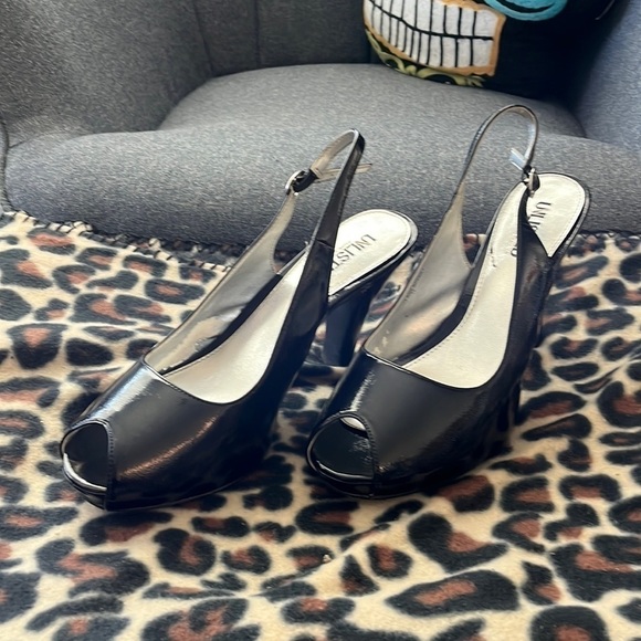 Unlisted Kenneth Cole peep toe sling back black patten leather looking shoe.  9 - Picture 1 of 7